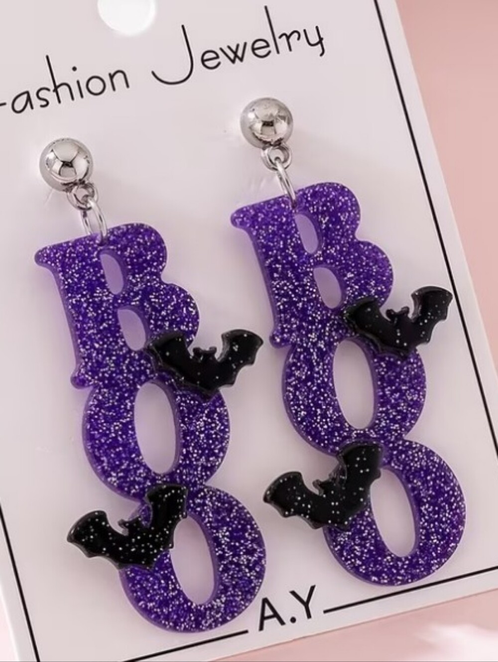 Halloween 'BOO' Glitter Drop Earrings with Bat Accent - Purple